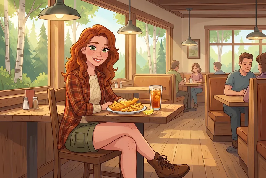 The illustrated young woman sits at a wooden table in a bright casual restaurant with a plate of fish and chips and a glass of iced tea