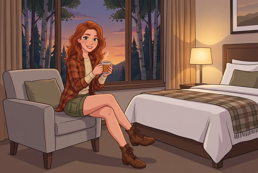 The illustrated young woman sits in an armchair by a hotel room window at dusk with a mug of tea, a made bed beside her